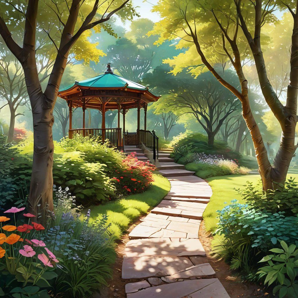 A serene landscape depicting a winding path symbolizing a life journey, flanked by various icons of passion like art supplies, books, and musical instruments on one side, and symbols of protection such as umbrellas, shields, and contracts on the other. Soft sunlight filtering through trees creates a sense of hope and guidance. Consider a warm color palette to evoke emotion and connection. painting. vibrant colors.