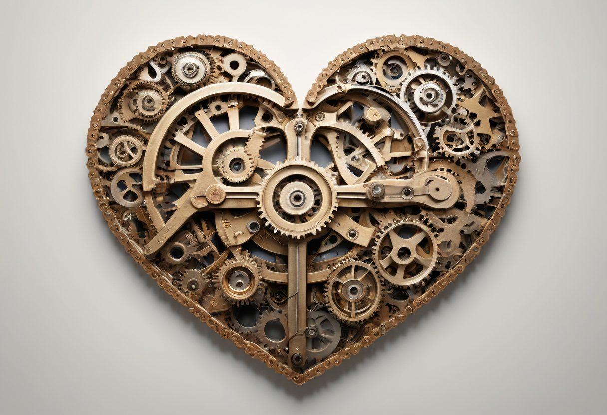A visually striking collage showcasing a heart symbol made of interlocking gears and tools, representing engineering solutions intertwined with insurance concepts. The background features a blend of financial elements like graphs and currency, while soft, comforting colors suggest protection and passion. A silhouette of diverse people engaging in their passions highlights the human aspect of insurance protection. super-realistic. vibrant colors. white background.